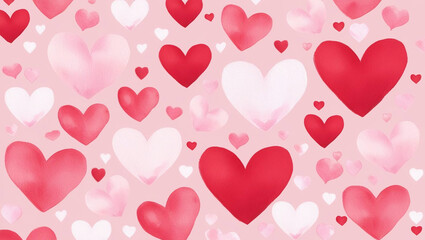 A colorful pattern of overlapping hearts in shades of red, pink, and white, creating a lively and romantic design.