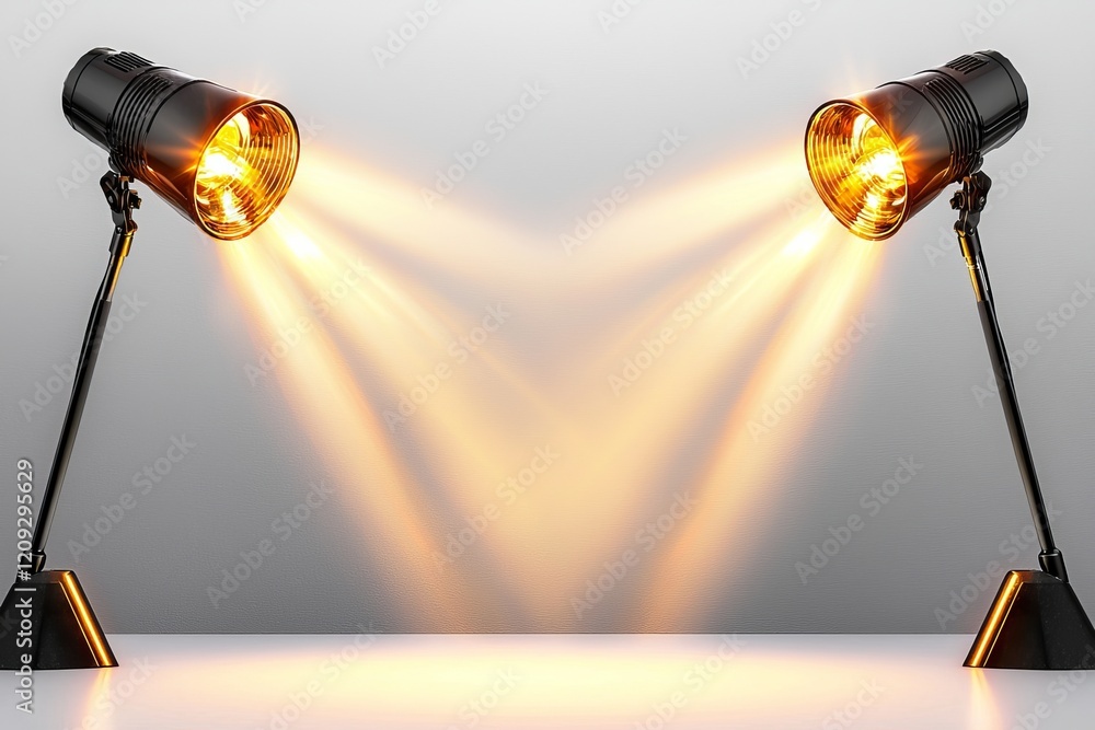 Poster a blank white background on an empty stage with black floor spotlights on the sides. 3d rendering, m