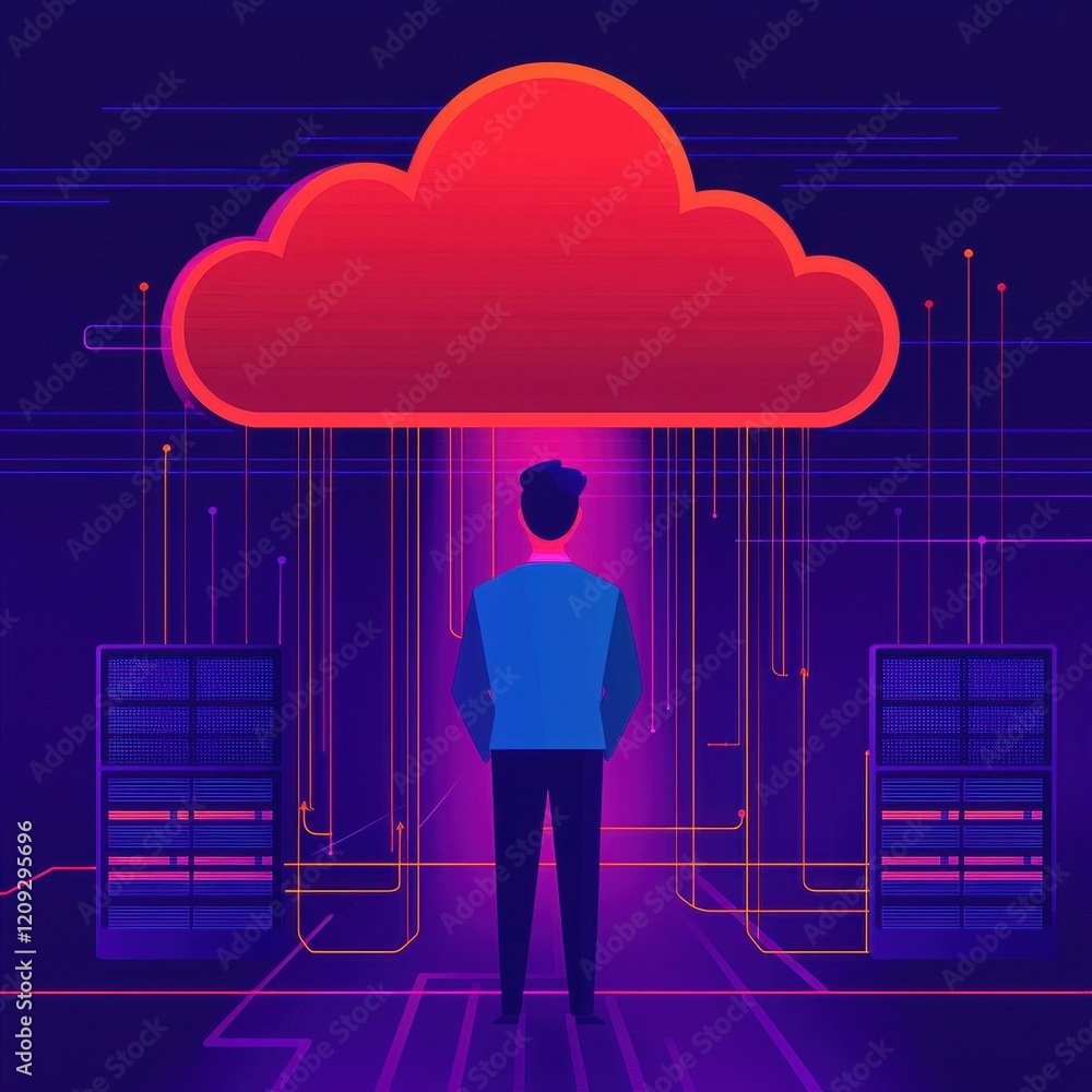 Poster a digital representation of a person standing before a cloud symbol, surrounded by servers and data 
