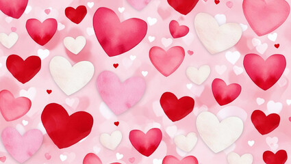A colorful pattern of overlapping hearts in shades of red, pink, and white, creating a lively and romantic design.