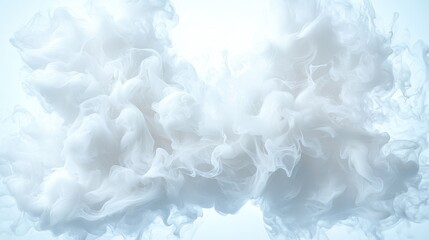 Abstract white ink swirling in water, light blue background, for design