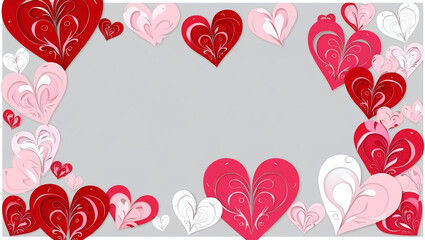 A colorful pattern of overlapping hearts in shades of red, pink, and white, creating a lively and romantic design.