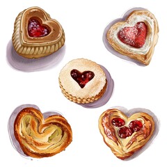 The illustration features five beautifully crafted heart-shaped pastries and cookies, each uniquely decorated. The overall composition emphasizes the intricate textures, vibrant red tones of the fruit