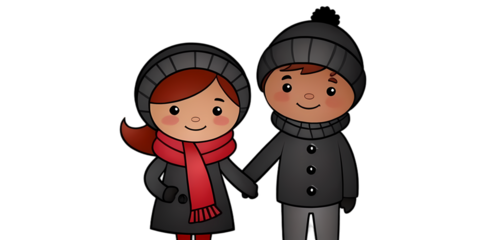 black winter valentine cartoon couple holding hands clipart
