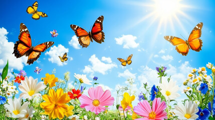 Obraz premium A vibrant garden in full bloom, with a variety of colorful flowers, buzzing bees, and delicate butterflies fluttering around, all set against a bright blue sky, capturing the essence of spring.