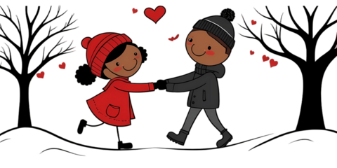 winter love cartoon couple illustration in black attire