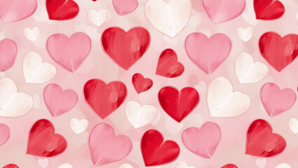 A colorful pattern of overlapping hearts in shades of red, pink, and white, creating a lively and romantic design.
