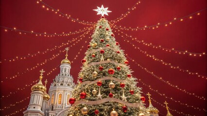 Magnificent Christmas Tree with Church, Red Background, Festive Lights, Low Angle Composition, Holiday Decorations. Christmas, Holiday