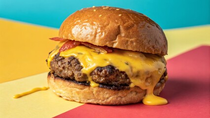 Melted Cheese Burger Close-up Composition, Yellow and Red Background, Juicy Patty, Food Photography, Burger Photography Burger, Food