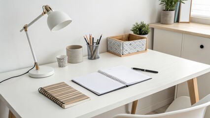 Minimalist Home Office Desk Setup White Table, Notebook, Lamp, Stationery, Plants, Home Decor, Workspace Home office
