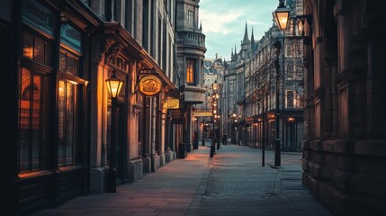 Fototapeta premium A quiet street scene showcasing vintage architecture illuminated at dusk.
