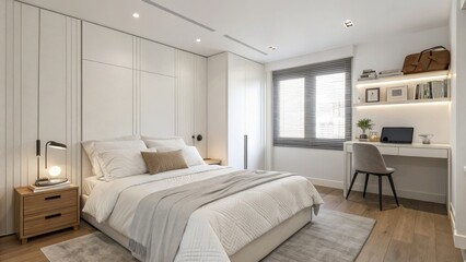 Minimalist Bedroom Design White Walls, Neutral Bedding, Built-in Closet, Modern Decor, Neutral color palette Minimalist bedroom, interior design