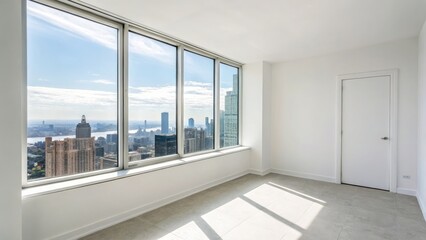 Fototapeta premium Minimalist Room with City View Panoramic Window, White Walls, Modern Design, Sunlit Floor Cityscape, Interior Design