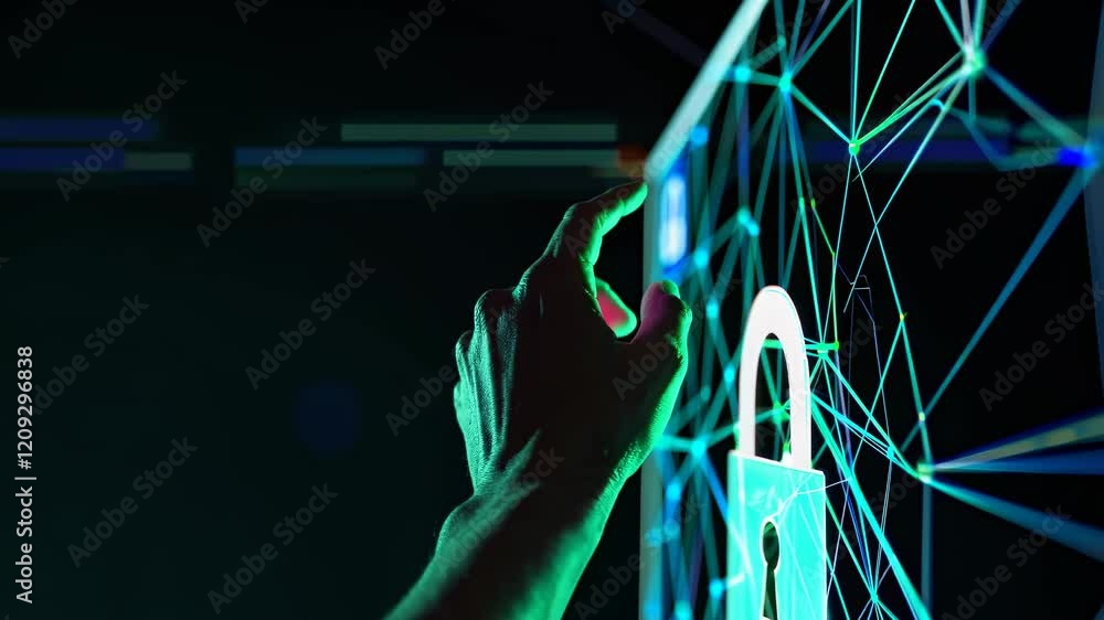 Poster locking digital security with a virtual key on a glowing network backdrop