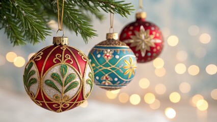 Ornate Christmas Ornaments Red, Teal, and Gold Baubles on Fir Branch, Festive Bokeh Background, Close-up, Christmas Decorations Christmas, Holiday