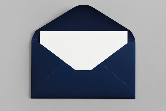 open navy blue envelope with blank white card inside on solid background, mockup design template, flat lay.