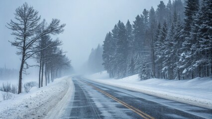 Fototapeta premium Snowy Road Through Winter Forest Landscape Photography, Misty Composition, Cold Weather Scene, Winter Wonderland Winter landscape, snowy road