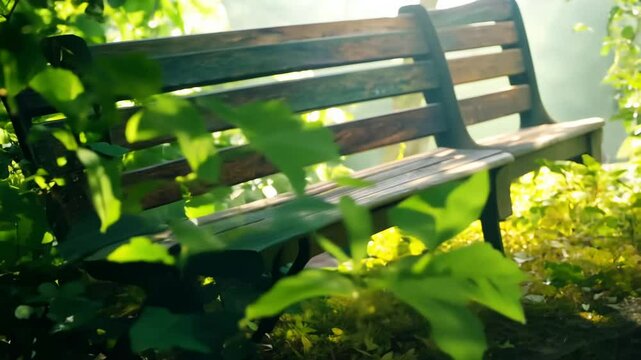 Dolly in video towards a garden bench nestled amongst lush foliage, soft, indirect, diffused light illuminates the scene, tranquil atmosphere