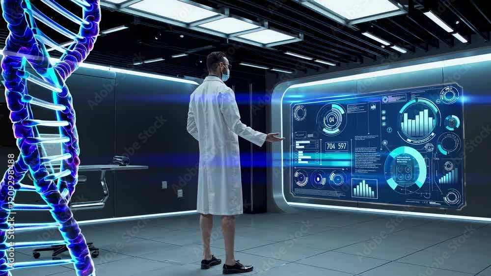 Aufkleber scientist explores genetic data and dna modeling in high-tech research lab