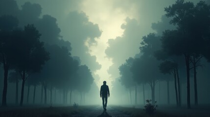 Fototapeta premium A figure walking through a dark, stormy forest, their path blocked by heavy, swirling clouds, symbolizing the mental fog and uncertainty caused by stress.