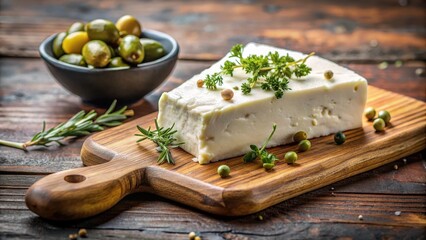 Feta cheese wedge on a wooden cutting board with fresh thyme sprigs and pitted green olives , feta cheese