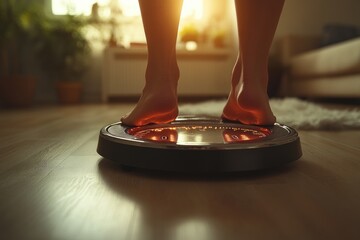 Closeup of feet of Young Asian woman measuring weight on digital scale at home after diet for healthy living and fitness goals