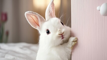 Obraz premium A white rabbit with striking red eyes, set against a pristine white background, highlights the distinctive beauty of this albino bunny