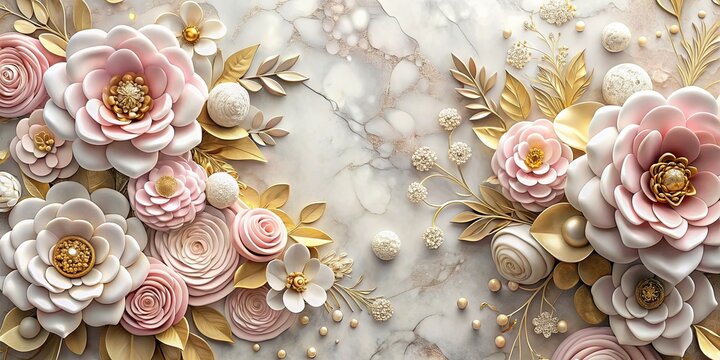 Fototapeta Elegant Pink, Gold & White 3D Floral Wallpaper Design on Marble Background