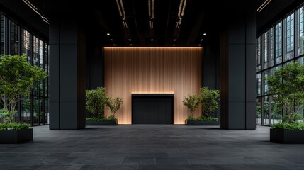Modern Lobby Entrance, City Office Building, Plants, Dark Interior
