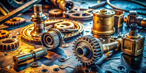 Engine Oil Pump & Spare Parts: Industrial Mechanic Workshop Stock Photo