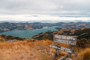 Views from Misty Peaks Reserve on the Banks Track on Banks Peninsula during a multi-day hike in early summer (Akaroa, South Island, New Zealand)