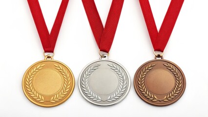 Three Medals Gold, Silver, Bronze Award, Red Ribbons, Winner, Achievement, Competition