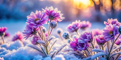 Obraz premium Frozen Purple & Pink Flowers with Hoarfrost â€“ Winter Wonderland Stock Photo