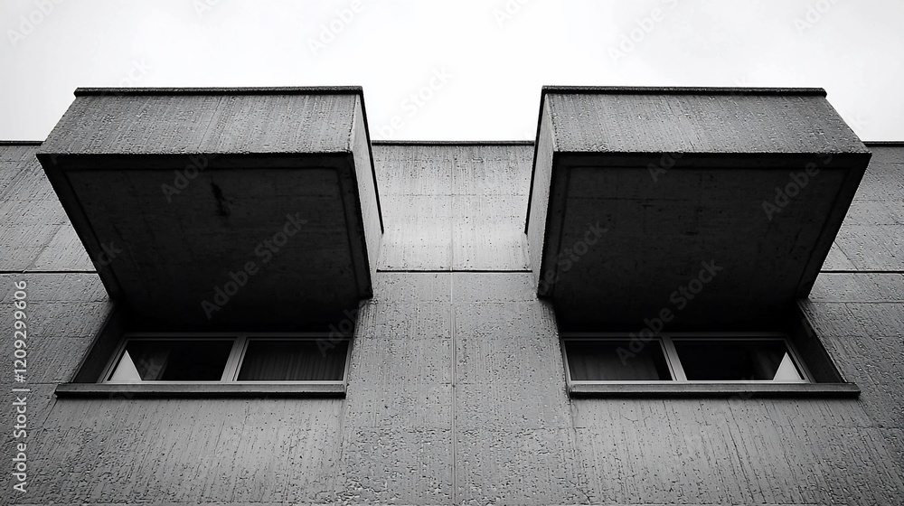 Poster symmetrical concrete building facade with two balconies and windows.