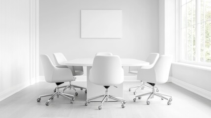 Modern white meeting room interior design; empty chairs around table; bright window;  website mockup