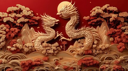 Obraz premium Intricate Dragon Paper Cut Art Depicting a Dynamic Battle Scene Amidst Lush Nature and Bright Moonlight in a Bold Red Landscape