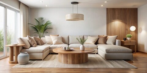 Modern Sectional Sofa in a Calm and Serene Living Room Design with Natural Wood Accents and a Cozy Atmosphere