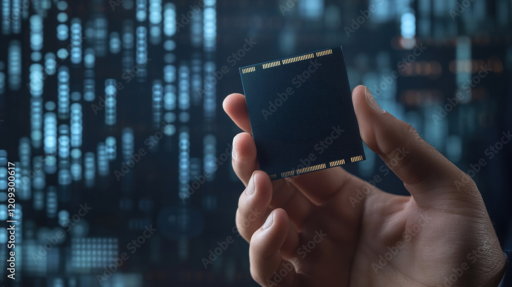 Poster a person holds a microchip against a digital background, symbolizing technology and innovation in co