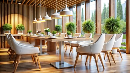 Fototapeta premium Minimalist Restaurant: Modern Wood Table with White Chairs