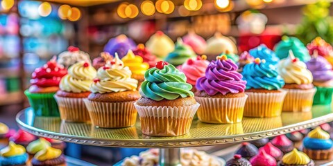 Delightful dessert stand with colorful cupcakes on a blurred background amidst a vibrant market setting, sweet treats, pastries