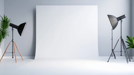 A gray studio room with soft lighting serves as a backdrop for creative photography and artistic expression.