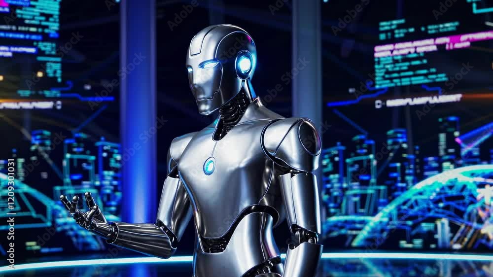 Leinwandbilder futuristic robot stands in high-tech environment with digital displays during an interactive tech ex