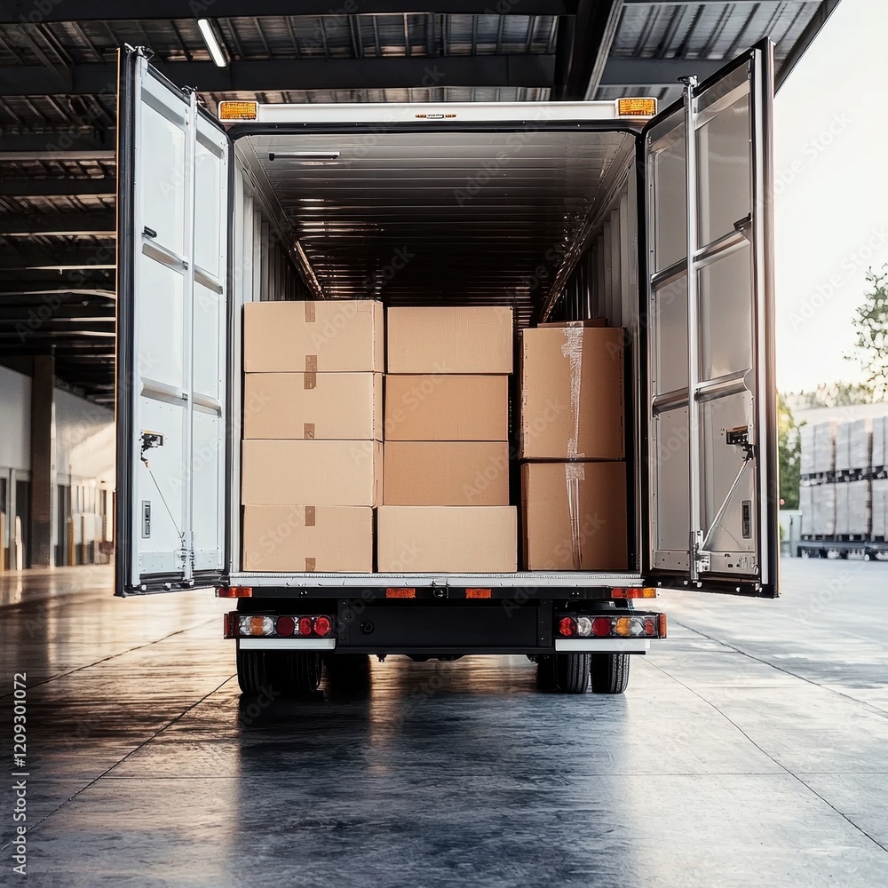 Poster efficient box loading onto an open truck for delivery.