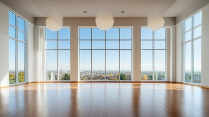 Fototapeta premium Bright and airy spacious room featuring stunning panoramic views of the surrounding landscape.