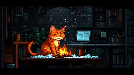 Orange Cat Cozy Winter Night Fireside Office