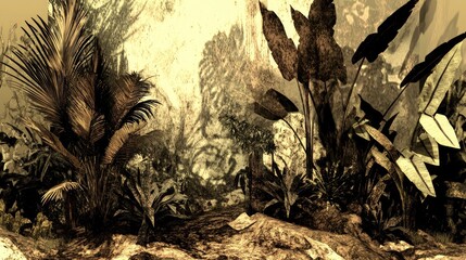 Lush sepia jungle path, sunlight dappled foliage, background mystery, nature backdrop
