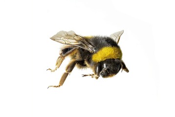Close-up of a Bumblebee, bombus terrestris in Flight, isolated on white background