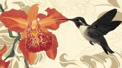 Hummingbird's Graceful Dance with an Orchid Blossom: A Detailed Botanical Illustration