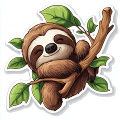 Naklejka premium Cute cartoon sloth hanging on a branch, with a happy expression.