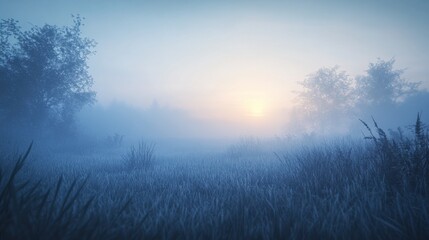 Obraz premium A serene foggy landscape at dawn with mist and soft light filtering through trees.